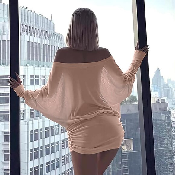 Women Apricot Off Shoulde  Ruched Casual Going Out Long Sleeve Mini Dress - Picture 5 of 6